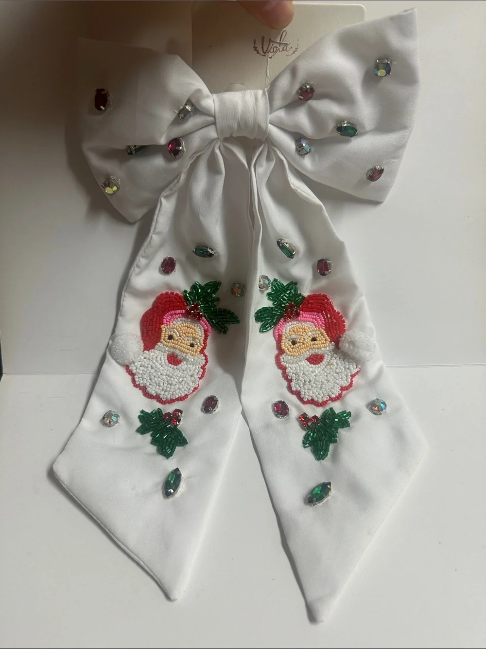 Holiday Santa Bow Hair Accessory - White with Multicolor Embellishments